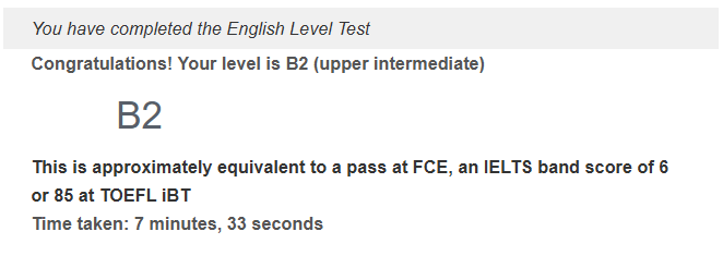 English assessment score showing B2 level.